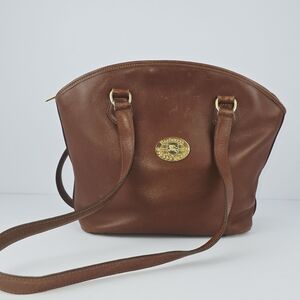 Burberry's Vintage Brown Leather Shoulder Bag Gold Crest Medallion Authentic COA